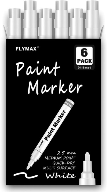 FLYMAX White Paint Pens, 6 Pack 2.5mm Medium Tip White Paint Marker Permanent For Wood Rock Plastic Leather Glass Stone Metal Canvas Ceramic Fabric Tire Paint Marker Oil Based