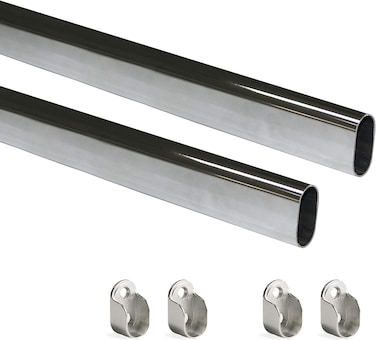 Emuca Wardrobe Oval Hanging Rail Kit With End Supports, 750mm, Chromed, Aluminium And Zamak