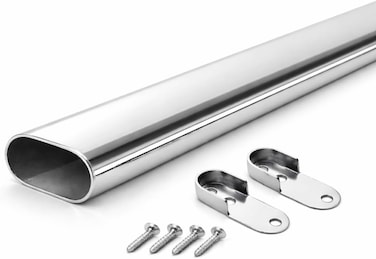 MKGT Oval Rail Wardrobe Polished Chrome Hanging Tube Metal Closet Organizer Cut To Size + End Supports And Screws (1000mm (1.0m) ~39.4&Prime;)
