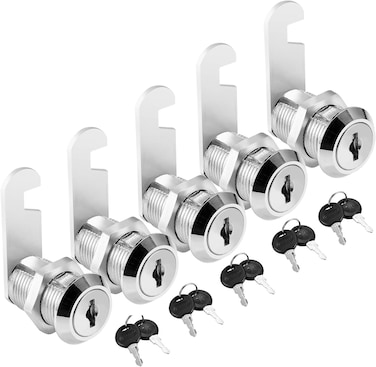 Kitmose Cabinet Cam Lock Set, 5 Pack Keyed Alike 1" / 25mm Cylinder Cam Locks Secure File Cabinet Drawer Dresser Rv Cylinder Replacement Lock Hardware, Chrome-Finish Zinc Alloy