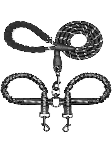 Exrp Dual Dog Leash, Double Dog Leash, 360 Swivel No Tangle Double Dog Walking Training Leash, Comfortable Shock Absorbing Reflective Bungee for Two Dogs