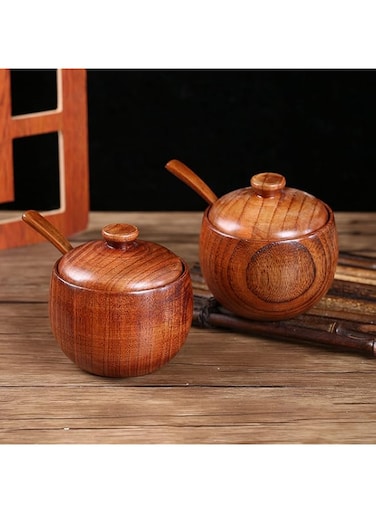 2 Set Condiment Jar,Japanese Style Seasoning Jar, Condiment Spice Container Box, with Lid and Spoon, Wooden Nordic Minimalist Style, Retro Food Storage Tank, For Home Kitchen to Put Sugar, Salt
