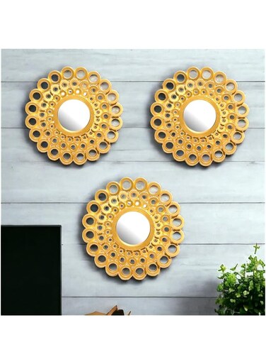 Upscale Set of 3 Wall Mounted 10 inch Decorative Mirrors for Living Room, Home Decor &amp; Bedroom, Round Hanging Wall Decor Accessories -Gold