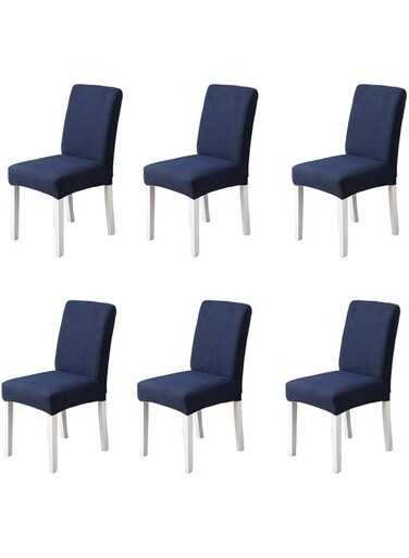 JZS Dining Chair Covers Set of 6 Stretchable Protector Seat Slipcovers Soft Jacquard Fabric Removable and Washable Fit for Dinning Room, Old Chair, Wedding Ceremony (Dark Blue)