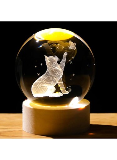 Arikyrist 3D Cat Crystal Ball Decor, Crystal Cat Figurines with Wooden Base, Laser Engraved Glass Sphere Cat Gifts for Cat Lovers