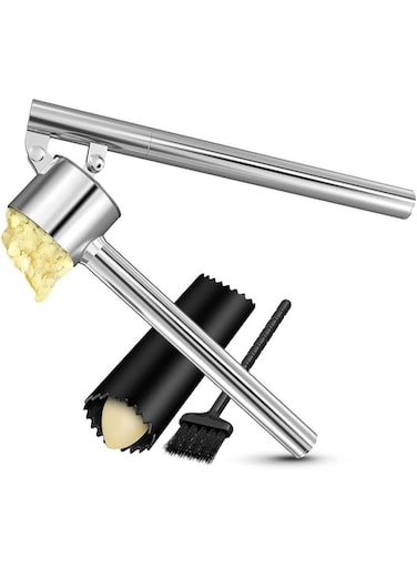 Kitchen Premium Garlic Press with Soft, Easy to Squeeze Handle Includes Silicone Garlic Peeler &amp; Cleaning Brush 3 Piece Garlic Mincer Tool Sturdy Easy to Clean Garlic and Ginger Crusher