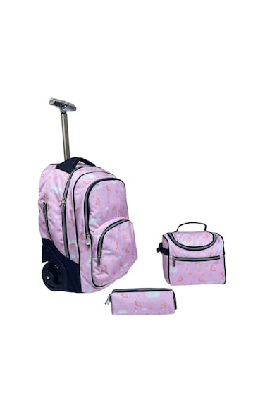 3-Piece Rolling School Set, 18-Inch Wheeled Backpack with Matching Lunch Bag and Pencil Case.(Pink Birds)