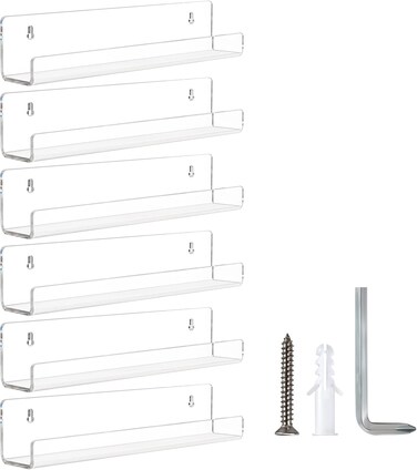 LileZbox Transparent Floating Shelves - Wall Mounted Acrylic Invisible Bookcase Storage Organizer (6 Shelves, 38 x 11 cm)