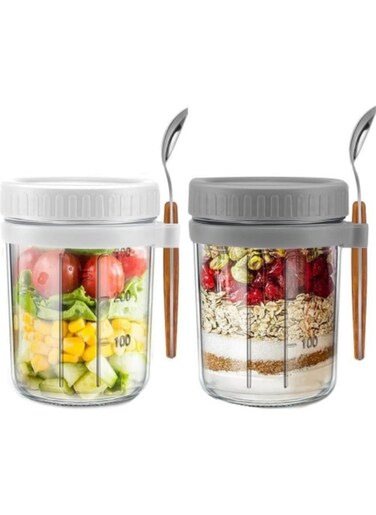 2Pcs Overnight Oats Jars with Lid and Spoon Airtight Oatmeal Container with Measurement Marks 350ml