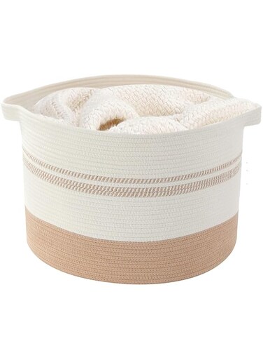 DAYONG Large Cutton Rope Woven Basket 19.7" x 19.7" x 13" Baby Laundry Basket with Handle Storage Container For Clothes Blanket Toys Comforter Cushions Laundry Hamper（Beige &amp; White）