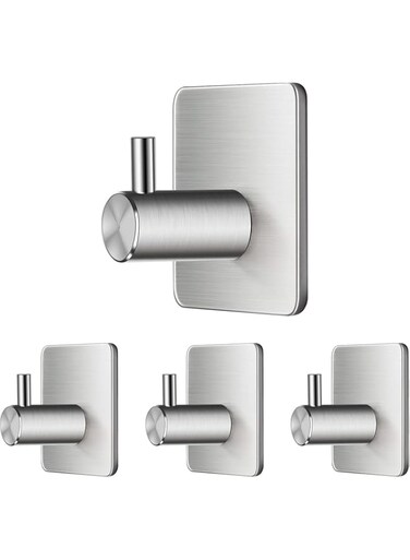 Khazna Adhesive Hooks, Silver Self Adhesive Towel Hooks, Waterproof Shower Wall Stick on Hooks, Heavy Duty 304 Stainless Steel Bathroom Kitchen Sticky Hooks for Towel Robe Loofah Key Coat Bag，5 Pack