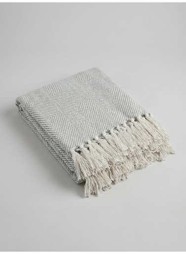 130 x 160 cm Light Grey Modest Cotton Throw Blanket with Tassels Cozy 400GSM Herringbone Woven Decorative Cover for Sofa Bed Couch Travel and Boho Home Decor
