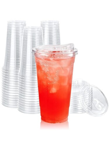 Vsell24 Crystal Clear Disposable Plastic Cups, 14 oz (414 ml), 100 Count, with Lids (Flat Lid)