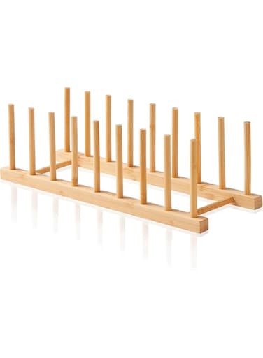 BIGTHREE Bamboo Dish Drying Rack, 8-slot Vertical Plate Organizer for Cabinet, Pot Lid Holder, Cutting Board &amp; Bowl Storage, Kitchen Cabinet Organizer for Dishes, Cups, and More