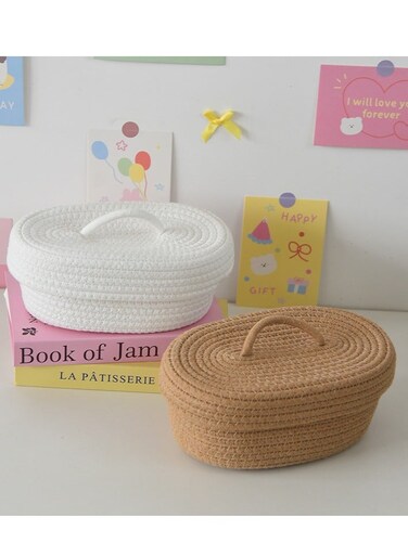 desktop dustproof mobile phone sundries snack needlework oval woven storage box with lid two-piece set: white + khaki - 25*15*10CM*2