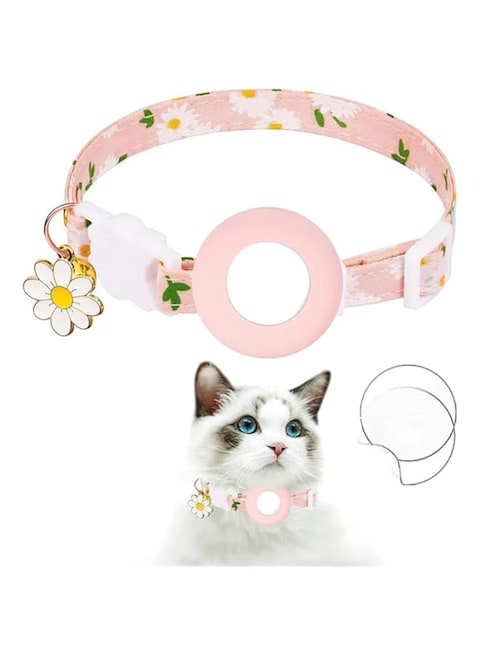 ZABEES Airtag Cat Collar, Kitten Collar Breakaway with Silicone Airtag Holder, Bells &amp; Flower Charm for Girl Cats Boy Cats Small Dogs (AirTag protective film included) (Pink)