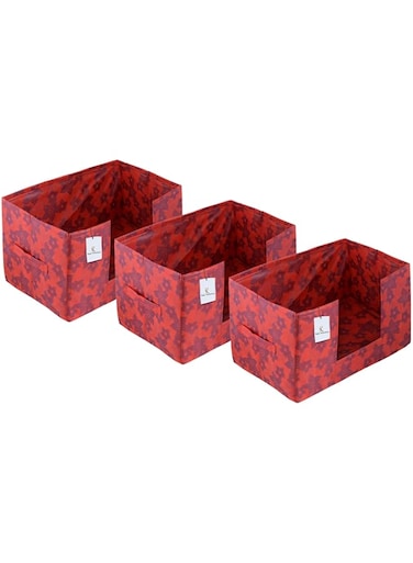 KUBER INDUSTRIES Metalic Flower 3 Pieces Large Capacity Space Saver Closet, Stackable And Foldable Saree, Clothes Storage Bag, Non-Woven Rectangle Cloth Saree Stacker Wardrobe Organizer (Red)