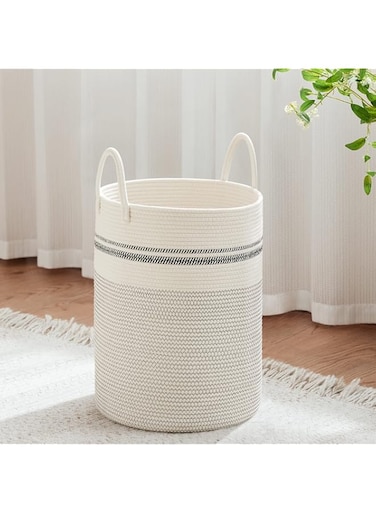 VIPOSCO Tall Laundry Hamper, Woven Rope Storage Basket for Blanket, Toys, Dirty Clothes in Living Room, Bathroom, Bedroom - 30L Stripe White