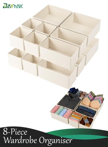 8pcs Wardrobe Clothes Organizer,Foldable Clothing Storage Organizer,Fabric Clothing Drawer for Clothes, Pants,Socks, Underwears, Baby Clothing, Towel(Beige)