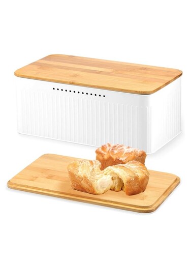 Modern Metal Bread Box with Bamboo Lid, Bread Storage Container, 13&Atilde;&mdash;7&Atilde;&mdash;5.3 Inch Bread Storage Container for Kitchen Counter, Bread Keeper for Homemade Bread, Bagel, Muffins, Rolls