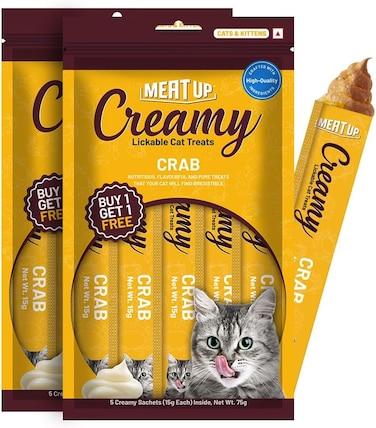 Meat Up Creamy Likable Cat Treat, Crab Flavour (10 x 15 Gm)   Rich In Protein, Promotes Hydration, No Artificial Preservatives   Best For Training &amp; Bonding   For Kitten &amp; Adult