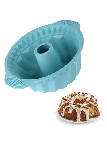 Duomama 9.6 Inch Blue Silicone Fluted Pan - Non-Stick Baking Mold with Sturdy Handle for Cake, Bread, Jello, and More - Para Gelatinas - Easy Release Bakeware