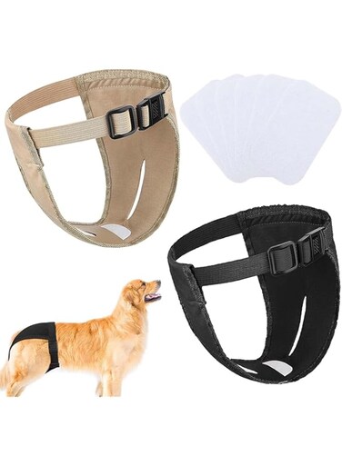 NALACAL 2 Pack Dog Pants, Dog Nappies with 6 Sanitary Pad, Adjustable Protective Trousers, for Female Dogs, in Heat Monthly Bleeding, Reusable Washable Doggy Sanitary Hygiene Pants (L-Black &amp; Camel)