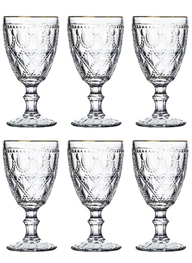 Goblet Set, Set Of Six, Diamond-Shaped Relief Transparent Cup, Can Be Used For Drinking Water, Coffee, Tea, Juice, Milk, 300Ml
