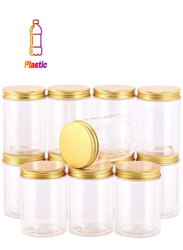 12 Pieces (680ml) Spice Storage Empty Bottle Refillable Clear Jar/Biscuit Jar/Food Container/Plastic Pet Jars/Cansister Plastic Bottle with Metal Gold Lids