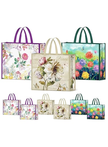 NymphFable 6 Pack Grocery Bags Reusable Peony Colorful Flowers Butterflies Shopping Bags Washable Foldable Tote Bag