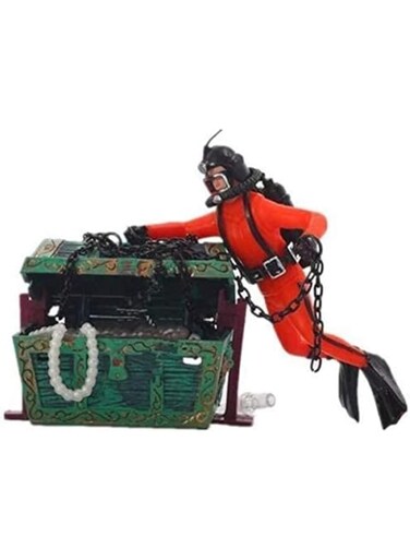 SKEIDO Aquarium Landscaping Pneumatic tank decoration Treasure searching Frogman Diver chest-orange