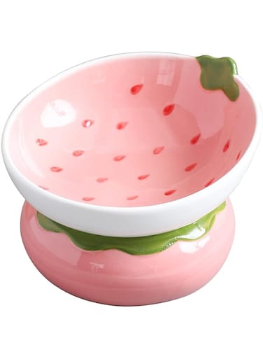 Yeexoxow Ceramic Raised Cat Bowl, Pink Elevated Cat Food Bowl for Indoor Cats, Anti Vomiting &amp; Protect Pet's Spine, Cute Tilted Cat Dish for Flat Faced Cats and Kitten (Strawberry Shaped)
