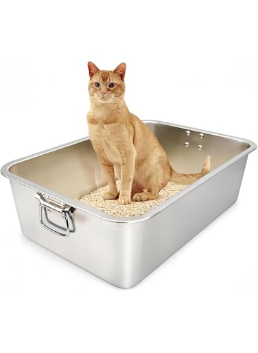 ORCHID M&reg;Stainless Steel Litter Box，Metal Litter Box with Handrail, Non-Absorbent Odor, Non-Stick, Non Stick,or Rusts, Easy to Clean 19.7"x13.8"x5.9