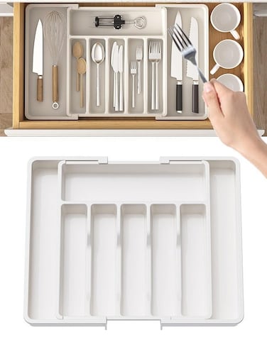 Silverware Drawer Organizer Expandable Utensil Tray for Kitchen Adjustable Flatware and Cutlery Holder, Compact Plastic Storage Spoons Forks Knives Large Safe Grade Finis