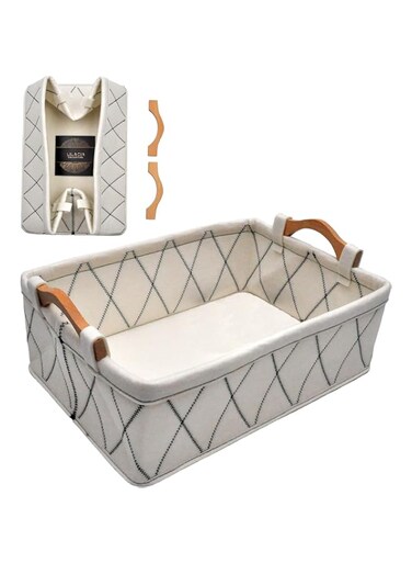 SIMPDIY Felt Storage Basket for Organizing Foldable Storage Box with Wooden Handles Home Storage Bins Container for Snacks, Toys, Books, Clothes, Cosmetic Makeup Organizer (Beige)