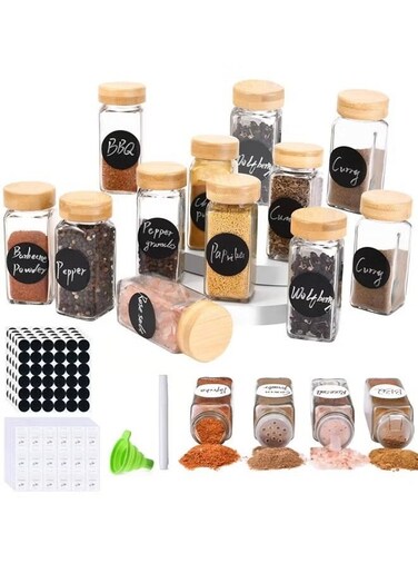 12 Pack Glass Jars with Bamboo Lids, 120ml Airtight Spice Jars Set with Extra Labels and Pen, for Dry Food Canisters, Spice, Coffee, Beans, Candy, Nuts, Herbs 12 Pack Glass Jars with Bamboo Lids, 120