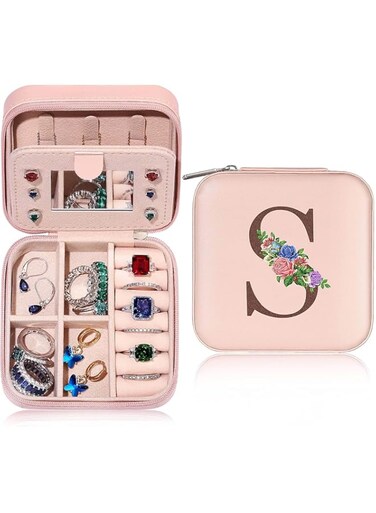 GDTOMEEU Birthday Personalized Gifts for Women Friend Sister, Small Travel Jewelry Case Jewelry Box Jewelry Organizer, Ring Necklace Earring Jewelry Holder Organizer Box with Mirror Letter (S)