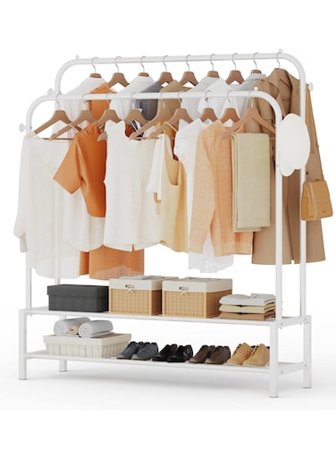 Sturdy Garment Rack Heavy Duty Double Pole Clothes Rail with Shoe Rack Shelf Coat Display Stand Bedroom Office Entryway