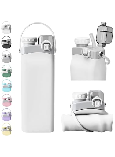 LBOYLOVE Collapsible Water Bottles, 20oz Silicone Reusable Water Bottle with Straw and Strap, Leakproof Foldable Sports Water Bottle for Travel Camping Running Hiking Gym, BPA Free (white)