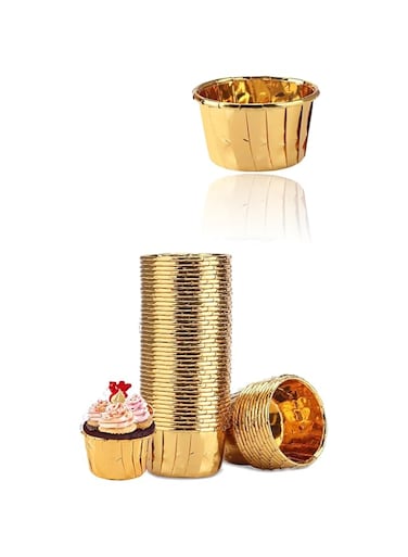 Sweet seven Elegant Gold Cupcake Liners - 50pcs Disposable Foil Muffin Cups for Baking - Premium Aluminum Ramekin Holders - 3.5 Oz Capacity - Bake in Style!