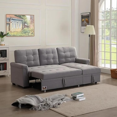 Wooden Twist Modern 5 Seater L-Shape Sofa Cum Bed with Comfort Cushion (Dark Grey)