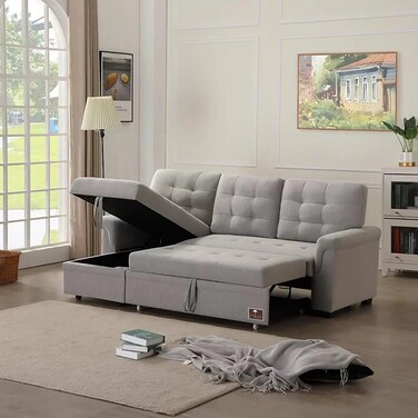 Wooden Twist Modern 5 Seater L-Shape Sofa Cum Bed with Comfort Cushion (Grey)