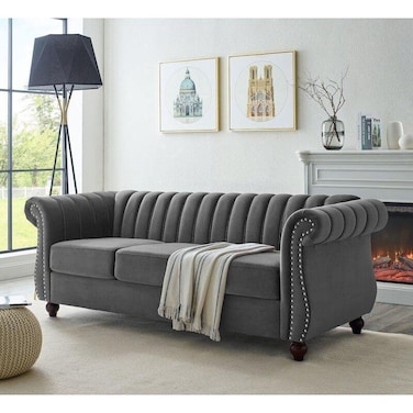 Designer Velvet Rolled Arm Chesterfield Sofa (3 Seater)