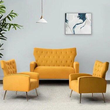 Wooden Square Arm Loveseat Wing Back Chair Set 2+1+1 (Metal Legs)