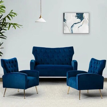 Wooden Square Arm Loveseat Wing Back Chair Set 2+1+1 (Metal Legs)