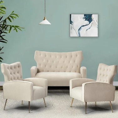 Wooden Square Arm Loveseat Wing Back Chair Set 2+1+1 (Metal Legs)