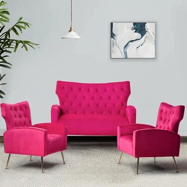 Wooden Square Arm Loveseat Wing Back Chair Set 2+1+1 (Metal Legs)