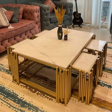 Wooden Twist Lynoz Modern Luxury Metal Base Marble Top Set of 5 Coffee Table for Living Room, Bedroom (Golden &amp; White)