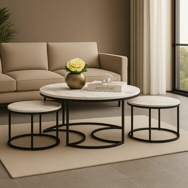 Wooden Twist Vibing Modern Nesting Coffee Table with Metal Base Marble Top (White &amp; Black, Set of 3)