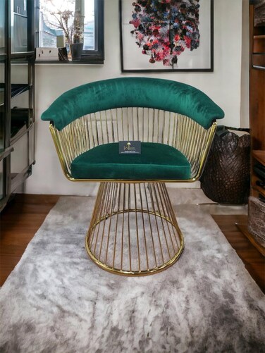 Wooden Twist Swivel Rotating Arm Chair - Velvet Fabric with Golden Metallic Accent